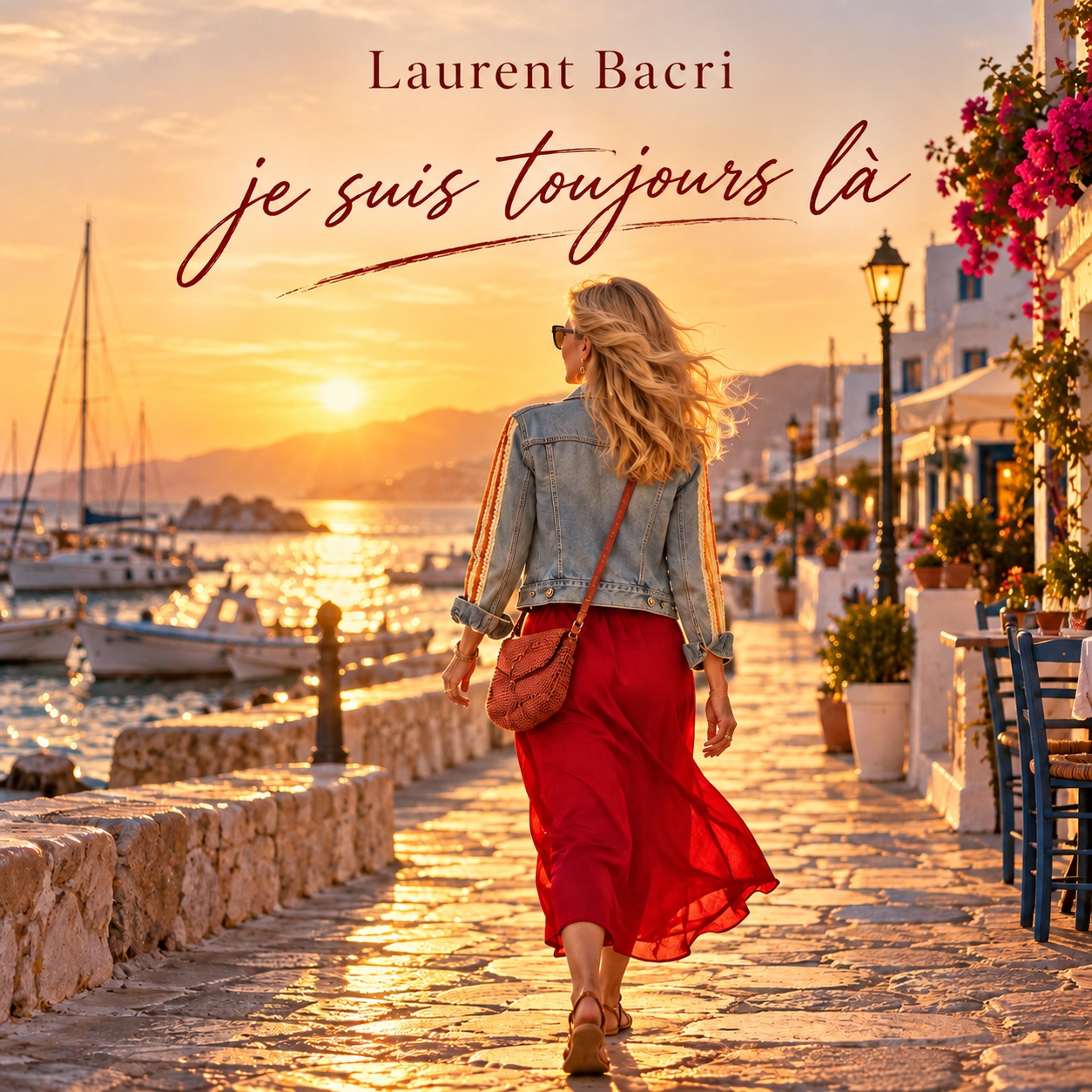 Pochette Je suis toujours là — Laurent Bacri, une femme en robe rouge et veste en jean marchant au bord du port au coucher du soleil