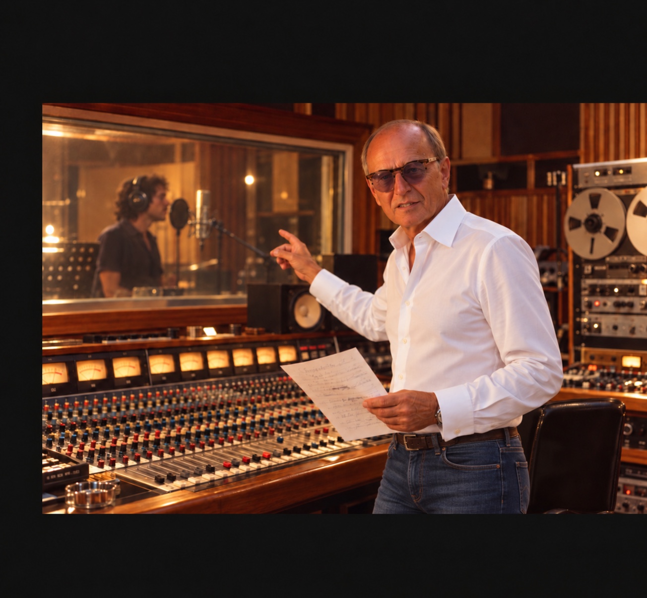 Laurent Bacri en chemise blanche et jean dans un studio d’enregistrement